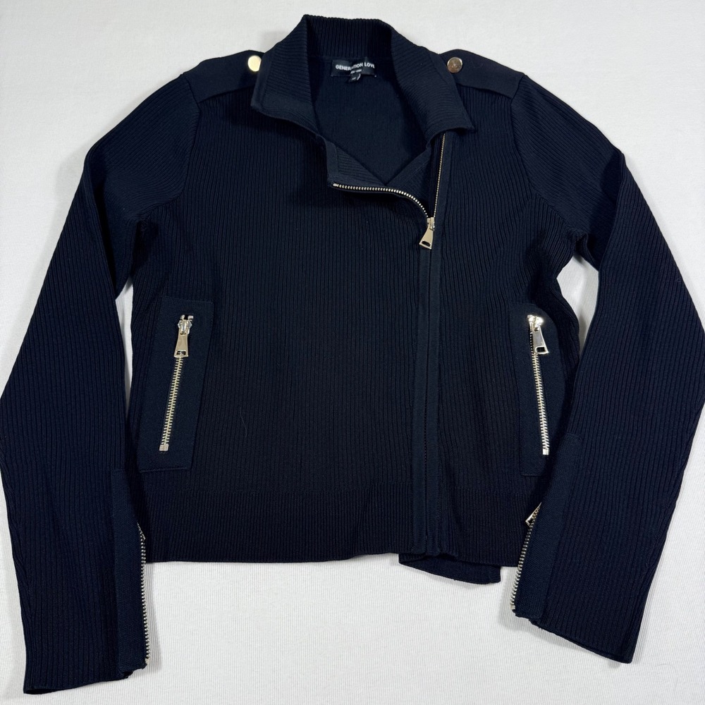 Generation Love Moto Sweater Jacket XS Black Ribbed Knit Gold Zip Biker Military